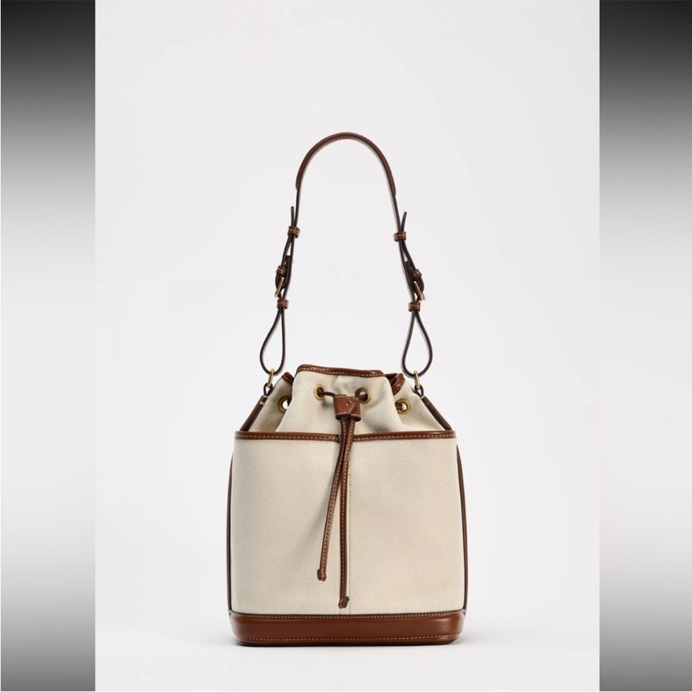 Zara Canvas Contrasting Bucket Shoulder Bag with Brown Trim NWT